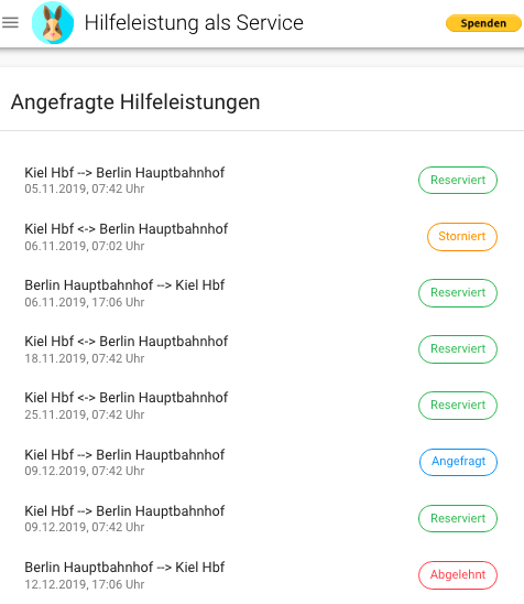 Screenshot der HASE App mit Fahrten  und derem Status im Überblick
