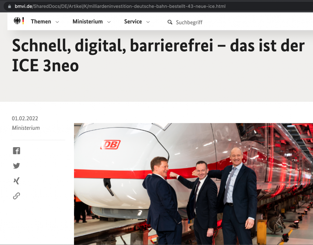 Screenshot from BMVI website: Schnell, digital, barrierefrei – das ist der ICE 3neo, picture with ICE 3neo and three men