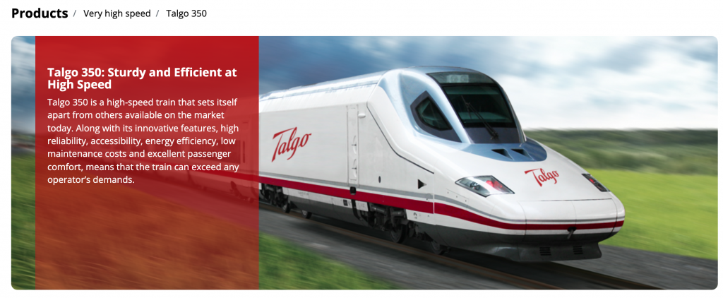 Screenshot von der Talgo Website: Talgo 350: Sturdy and Efficient at High Speed
Talgo 350 is a high-speed train that sets itself apart from others available on the market today. Along with its innovative features, high reliability, accessibility, energy efficiency, low maintenance costs and excellent passenger comfort, means that the train can exceed any operator’s demands.