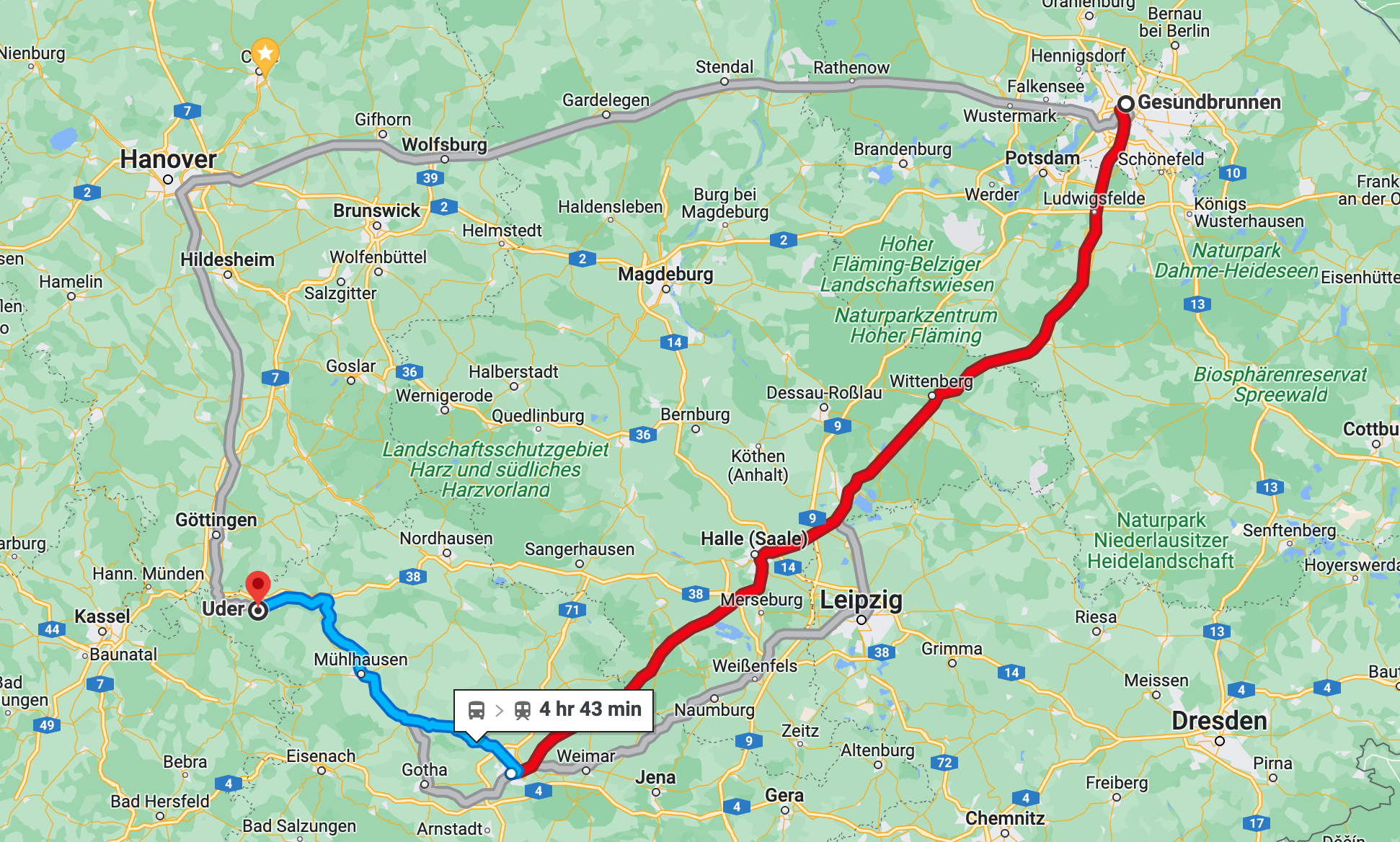 Karte mit Wegstrecke von Berlin über Erfurt nach Uder