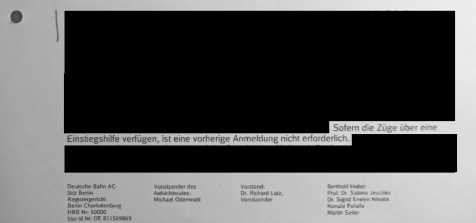 Ausschnitt aus Anwaltsschreiben: “Sofern die Züge über eine Einstiegshilfe verfügen, ist eine vorherige Anmeldung nicht erforderlich.” Quelle: Deutsche Bahn 2020